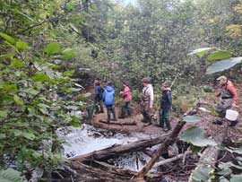 Students walking on a path next to the river