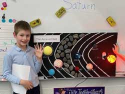 boy holding a paper standing next to her poster about Saturn