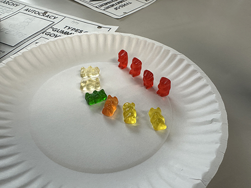Gummy bears laid out to represent forms of government