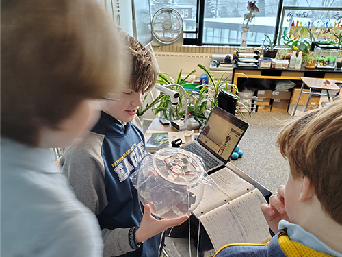 students looking in a clear container