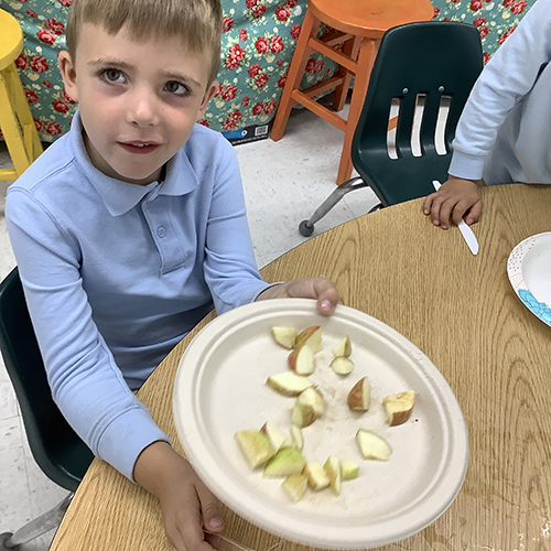 Preschool boy sitting next to plate of apple pieces