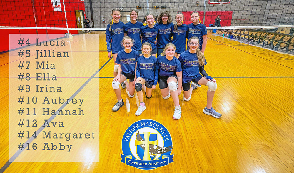 Girls volleyball team #4 Lucia, #5 Jillian, #7 Mia, #8 Ella, #9 Irina, #10 Aubrey, #11 Hannah, #12 Ava, #14 Margaret, #16 Abby