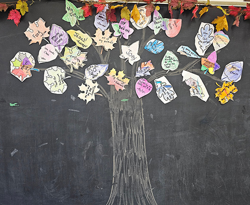 Bulletin board of a tree with colorful leaves created by students